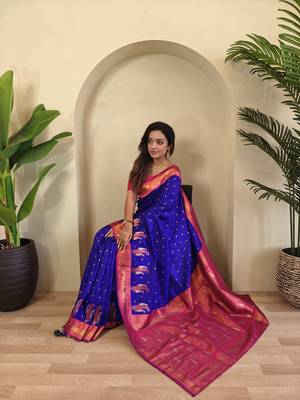 Violet Paithani silk blend Saree With Contrast Weaving Pallu And Blouse 3