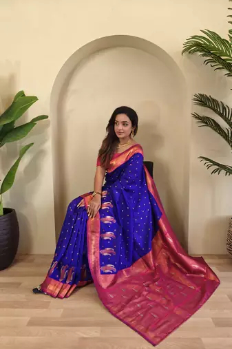 Violet Paithani silk blend Saree With Contrast Weaving Pallu And Blouse