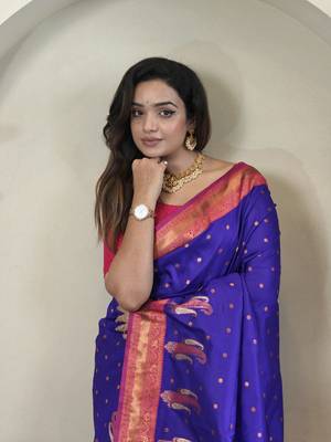 Violet Paithani silk blend Saree With Contrast Weaving Pallu And Blouse 4