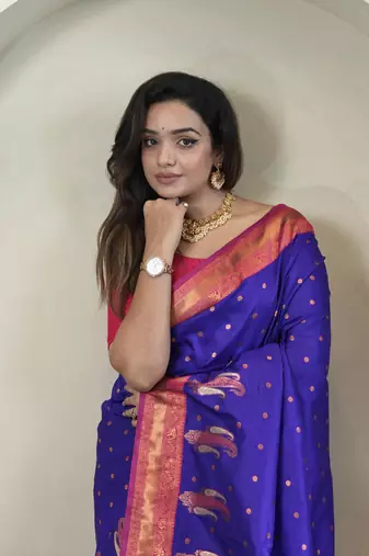 Violet Paithani silk blend Saree With Contrast Weaving Pallu And Blouse