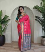 Pink Paithani silk blend Saree With Contrast Weaving Pallu And Blouse
