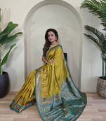 Lemon Yellow Paithani silk blend Saree With Contrast Weaving Pallu And Blouse