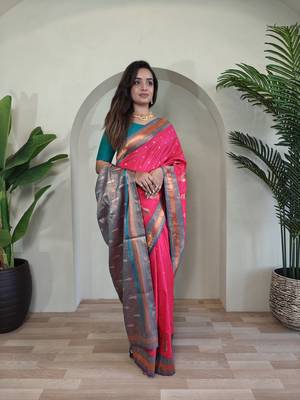 Pink Paithani silk blend Saree With Contrast Weaving Pallu And Blouse 3