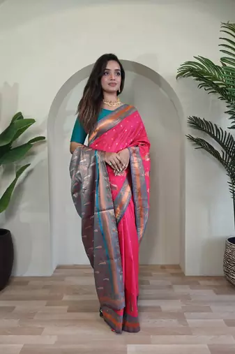 Pink Paithani silk blend Saree With Contrast Weaving Pallu And Blouse