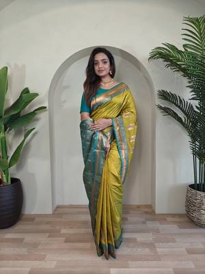 Lemon Yellow Paithani silk blend Saree With Contrast Weaving Pallu And Blouse 3