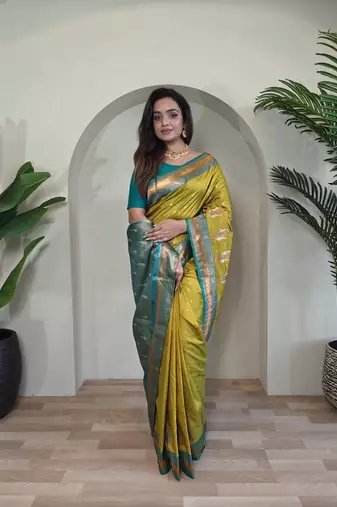 Lemon Yellow Paithani silk blend Saree With Contrast Weaving Pallu And Blouse