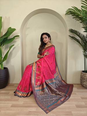Pink Paithani silk blend Saree With Contrast Weaving Pallu And Blouse 4