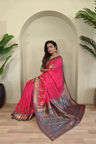 Pink Paithani silk blend Saree With Contrast Weaving Pallu And Blouse