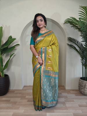 Lemon Yellow Paithani silk blend Saree With Contrast Weaving Pallu And Blouse 4