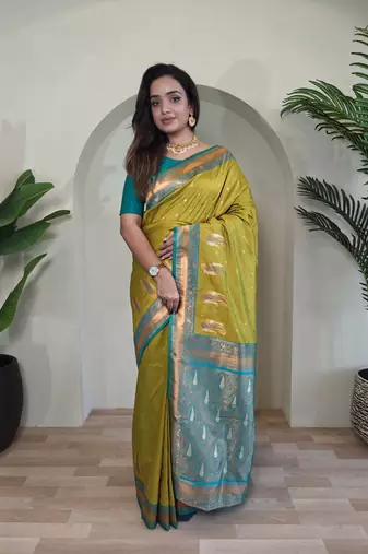 Lemon Yellow Paithani silk blend Saree With Contrast Weaving Pallu And Blouse