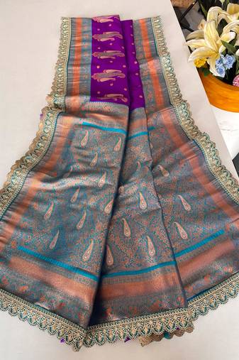 Purple Paithani silk blend Saree With Contrast Weaving Pallu And Blouse