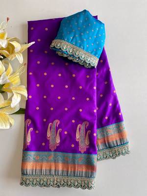 Purple Paithani silk blend Saree With Contrast Weaving Pallu And Blouse 3