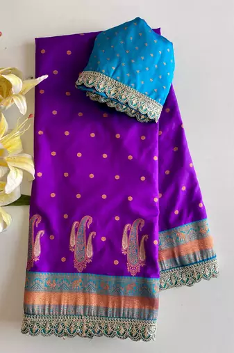 Purple Paithani silk blend Saree With Contrast Weaving Pallu And Blouse