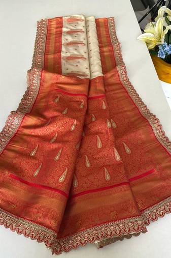 White Paithani silk blend Saree With Contrast Weaving Pallu And Blouse