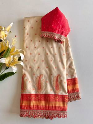 White Paithani silk blend Saree With Contrast Weaving Pallu And Blouse 3