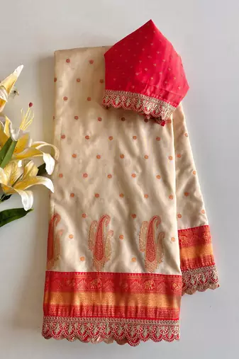 White Paithani silk blend Saree With Contrast Weaving Pallu And Blouse