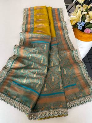 Lemon Yellow Paithani silk blend Saree With Contrast Weaving Pallu And Blouse 1