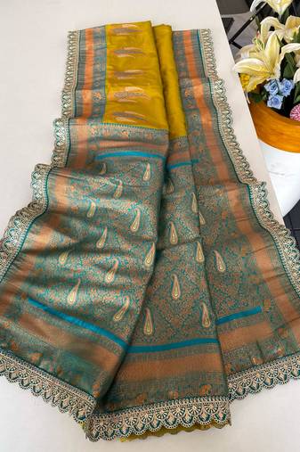 Lemon Yellow Paithani silk blend Saree With Contrast Weaving Pallu And Blouse