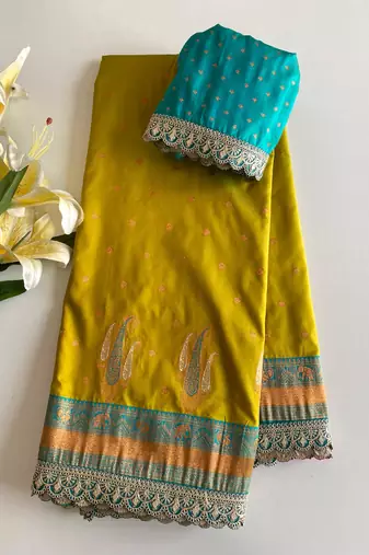 Lemon Yellow Paithani silk blend Saree With Contrast Weaving Pallu And Blouse