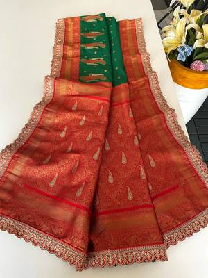 Green Paithani silk blend Saree With Contrast Weaving Pallu And Blouse 1