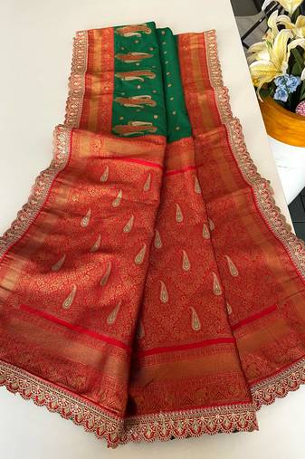 Green Paithani silk blend Saree With Contrast Weaving Pallu And Blouse