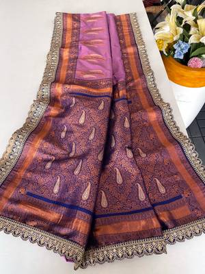 Lavender Paithani silk blend Saree With Contrast Weaving Pallu And Blouse 1