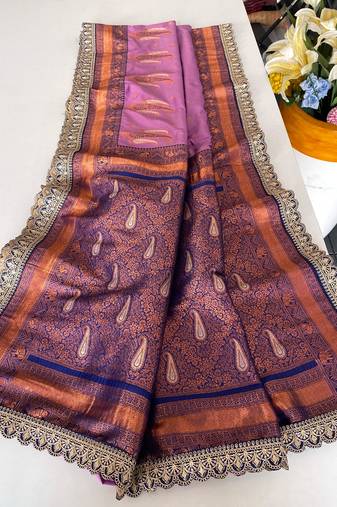 Lavender Paithani silk blend Saree With Contrast Weaving Pallu And Blouse