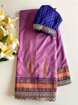 Lavender Paithani silk blend Saree With Contrast Weaving Pallu And Blouse 3