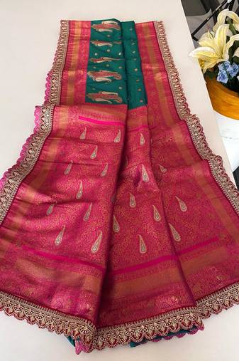 Rama Paithani silk blend Saree With Contrast Weaving Pallu And Blouse