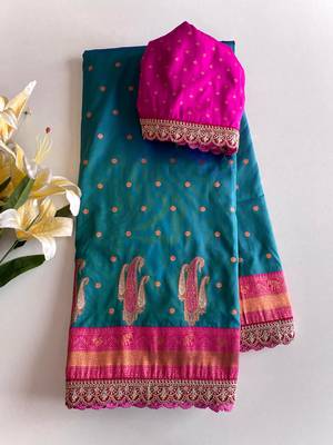Rama Paithani silk blend Saree With Contrast Weaving Pallu And Blouse 3