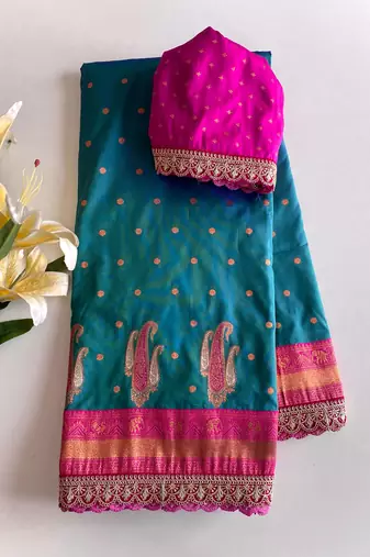 Rama Paithani silk blend Saree With Contrast Weaving Pallu And Blouse