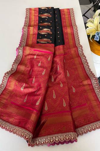 Black Paithani silk blend Saree With Contrast Weaving Pallu And Blouse