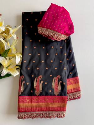 Black Paithani silk blend Saree With Contrast Weaving Pallu And Blouse 3