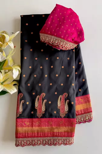 Black Paithani silk blend Saree With Contrast Weaving Pallu And Blouse