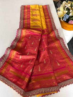 Yellow Paithani silk blend Saree With Contrast Weaving Pallu And Blouse 1