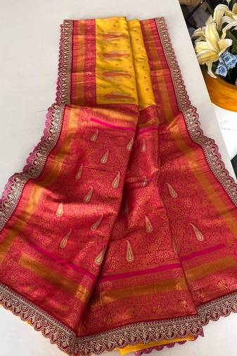 Yellow Paithani silk blend Saree With Contrast Weaving Pallu And Blouse