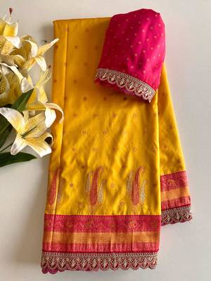 Yellow Paithani silk blend Saree With Contrast Weaving Pallu And Blouse 3