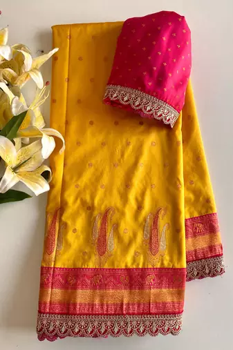 Yellow Paithani silk blend Saree With Contrast Weaving Pallu And Blouse