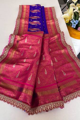 Violet Paithani silk blend Saree With Contrast Weaving Pallu And Blouse
