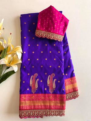 Violet Paithani silk blend Saree With Contrast Weaving Pallu And Blouse 3