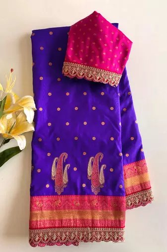Violet Paithani silk blend Saree With Contrast Weaving Pallu And Blouse