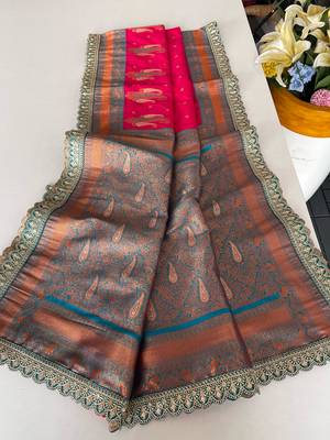 Pink Paithani silk blend Saree With Contrast Weaving Pallu And Blouse 1