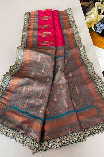 Pink Paithani silk blend Saree With Contrast Weaving Pallu And Blouse