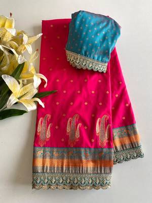 Pink Paithani silk blend Saree With Contrast Weaving Pallu And Blouse 3