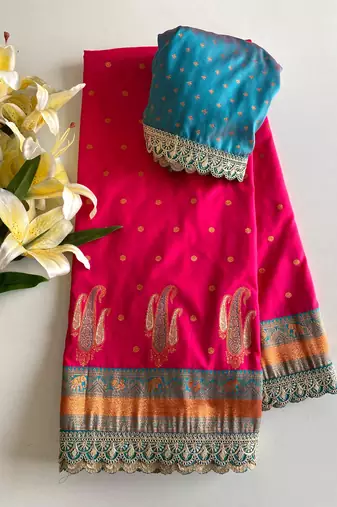 Pink Paithani silk blend Saree With Contrast Weaving Pallu And Blouse