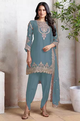 Turquoise heavy fox with embroidery work semi stitched salwar suit