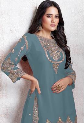 Turquoise heavy fox with embroidery work semi stitched salwar suit 2