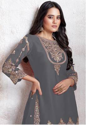 Grey heavy fox with embroidery work semi stitched salwar suit 2