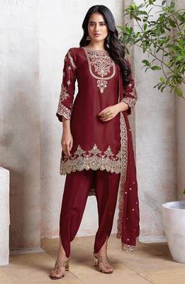 Maroon heavy fox with embroidery work semi stitched salwar suit 1