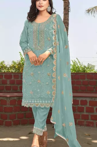Sky heavy orgenza with full embroidery beads work semi stitched suit